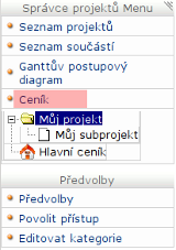 Menu a seznam projektů